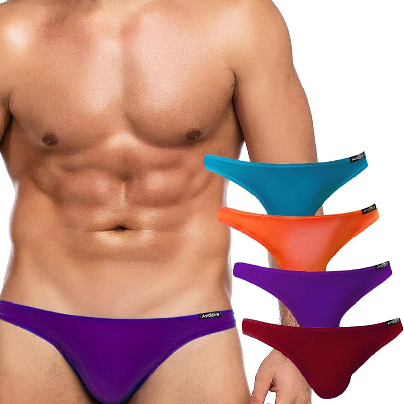 Men's low-rise briefs on model in purple and blue; green, orange pairs shown