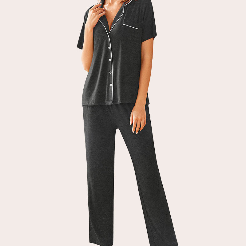 Dark gray Notch Collar Pajamas. Short-sleeve top with white trim and pants. Soft and comfortable.
