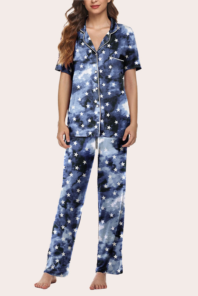 Blue Star Print Notch Collar Pajamas Set. Soft and comfy sleepwear for women.