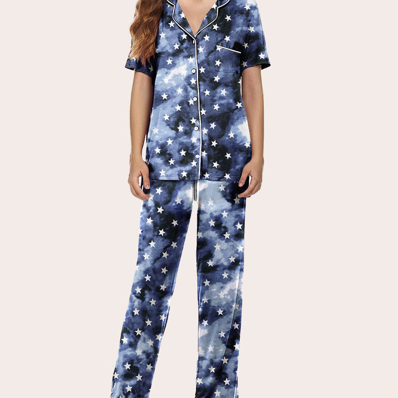 Blue Star Print Notch Collar Pajamas Set. Soft and comfy sleepwear for women.