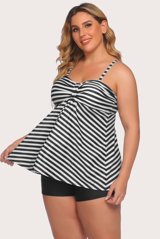 Plus size striped tankini swimsuit with shorts, sun-protective and adjustable straps