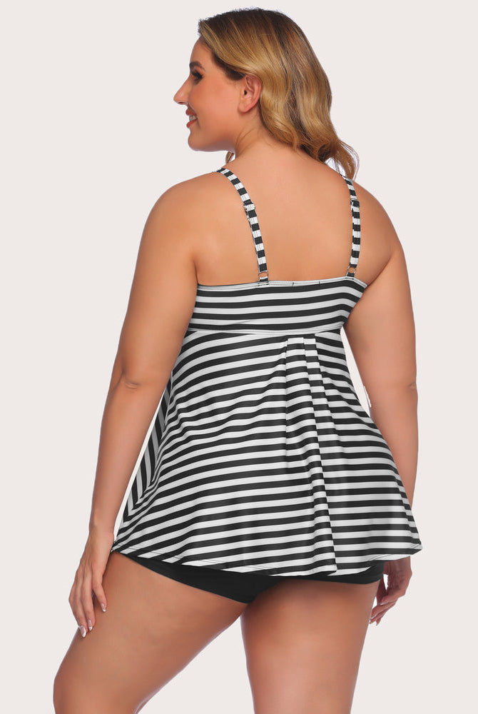 Plus size black and white striped tankini swimsuit with shorts, adjustable straps, sun-protective