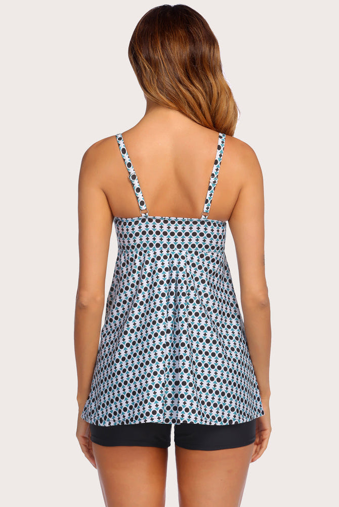 Polka dot tankini swimsuit with shorts: adjustable straps and sun-protective swimwear.