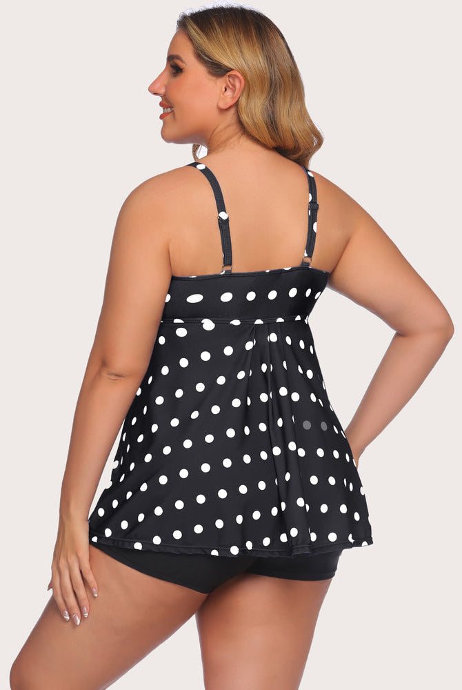Plus-size polka dot tankini swimsuit with adjustable straps and shorts, sun-protective swimwear