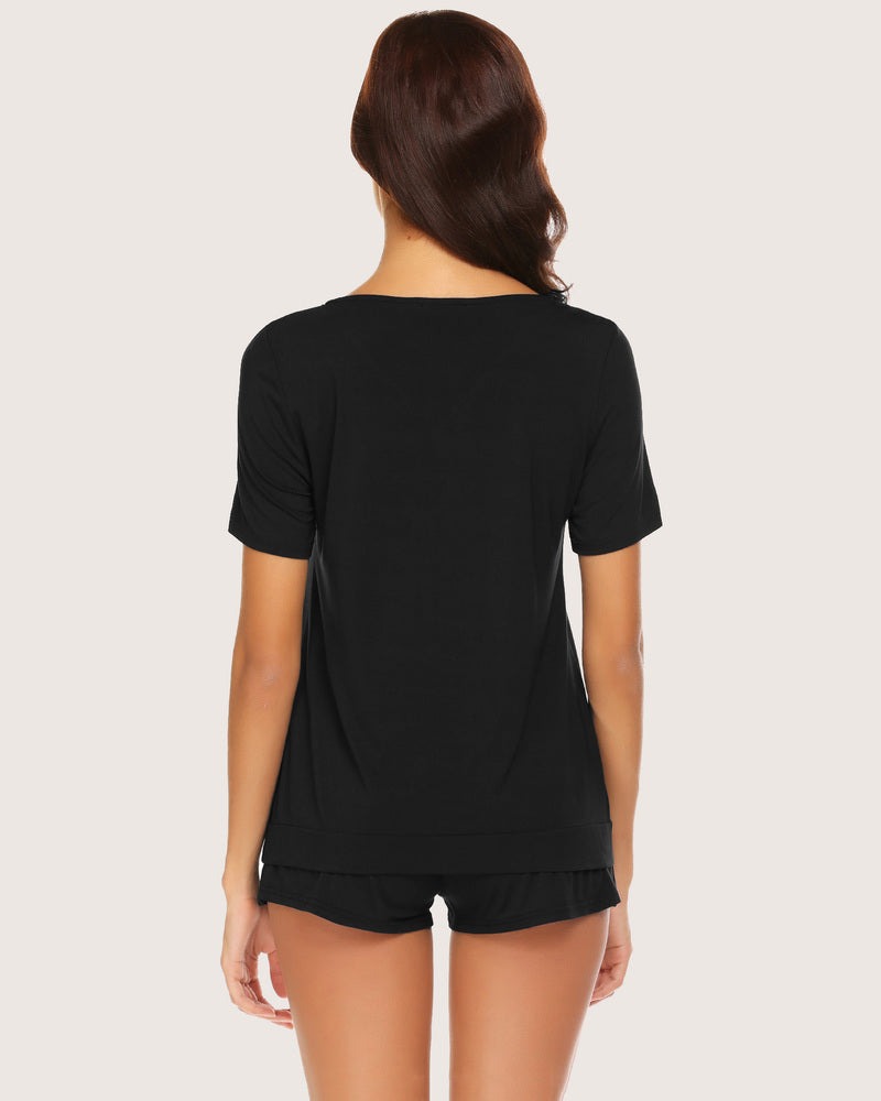 Black shorts pajama set, women's rayon sleepwear. Comfortable short-sleeve top and shorts.