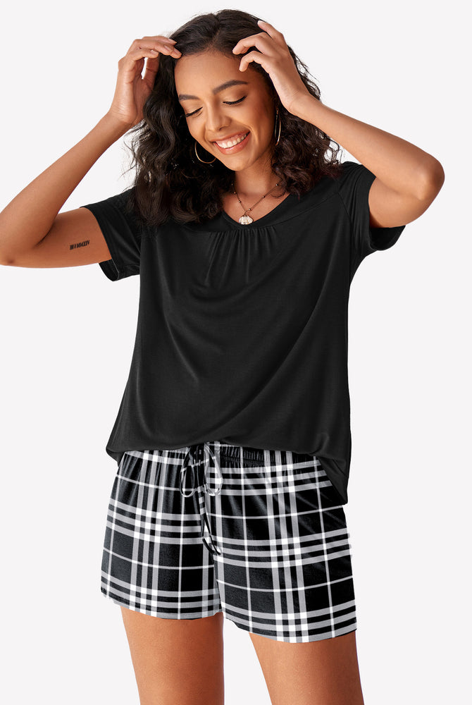 Black V-neck pajama top and plaid shorts pajama set for women, soft sleepwear