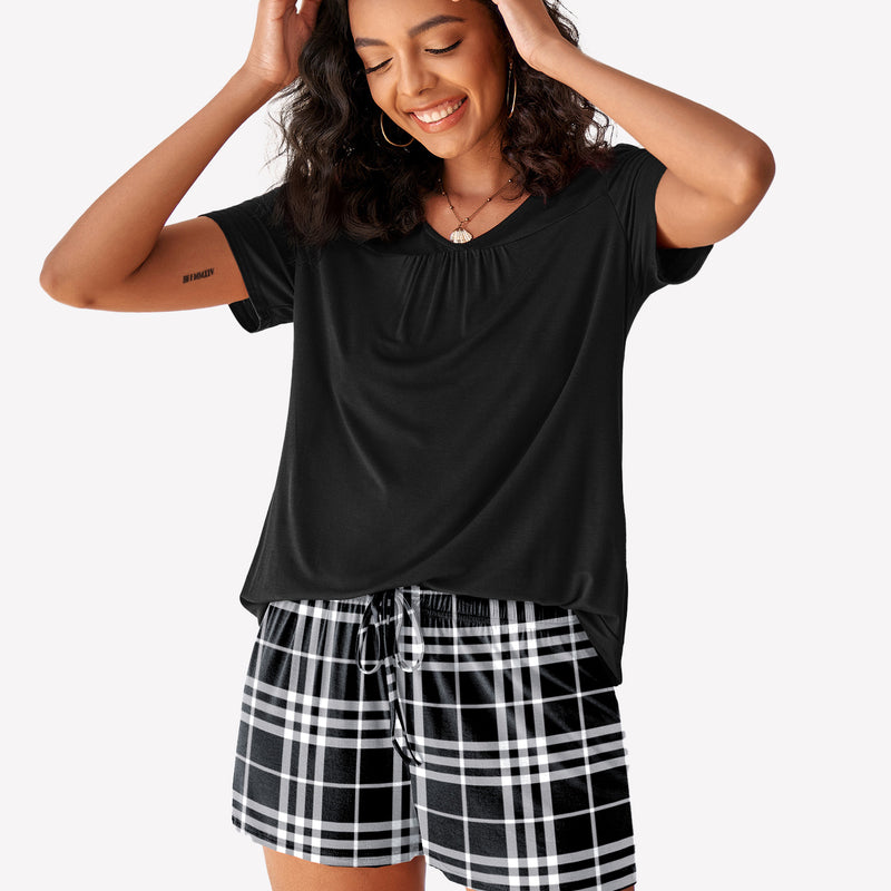 Black V-neck pajama top and plaid shorts pajama set for women, soft sleepwear