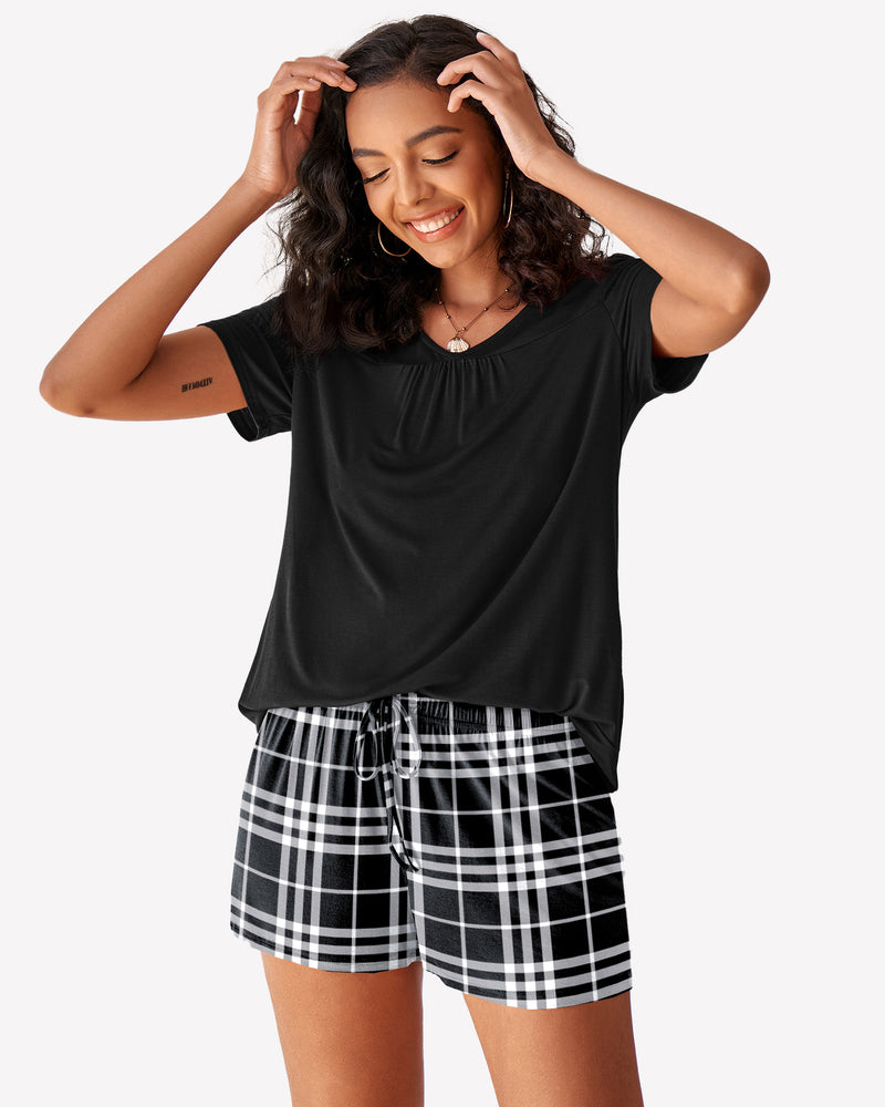 Black V-neck pajama top and plaid shorts pajama set for women, soft sleepwear