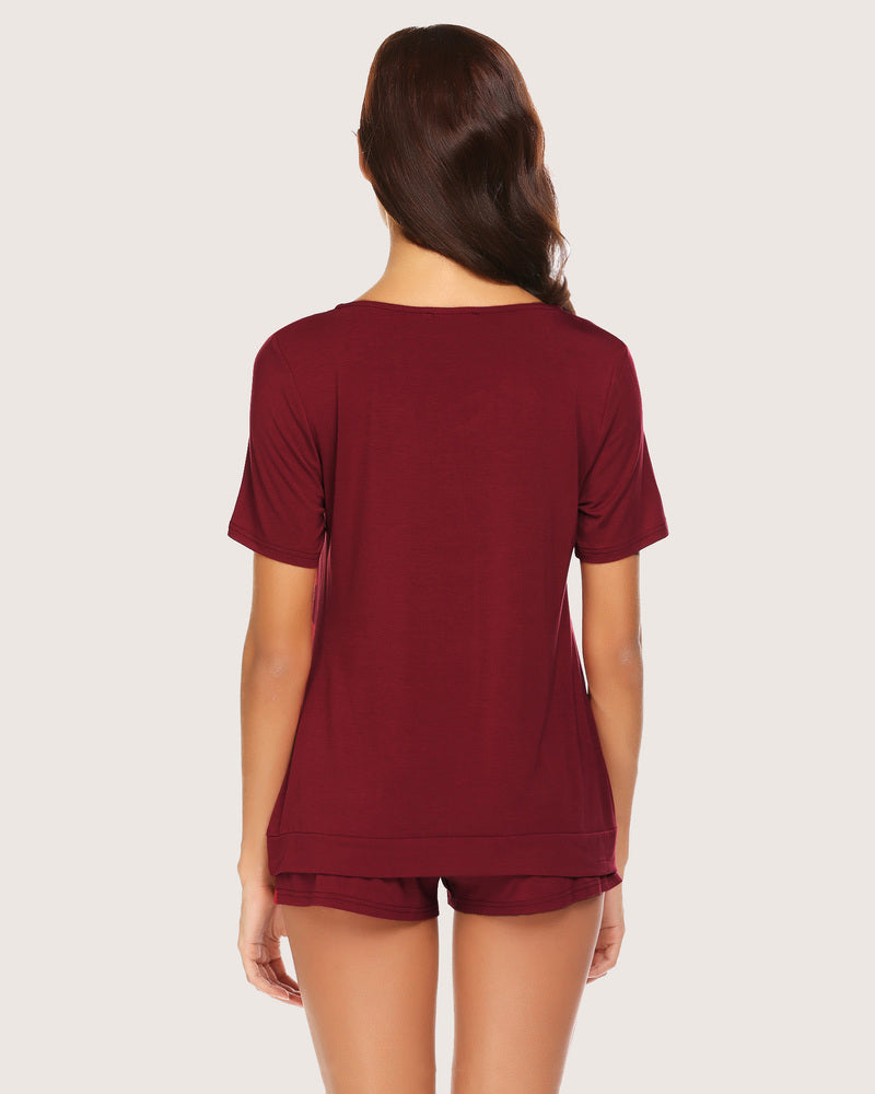 Burgundy rayon shorts pajama set for women. Comfortable sleepwear featuring a V-neck top and shorts