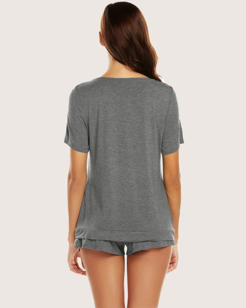 Gray short pajama set for women. 95% Rayon and 5% Spandex, comfortable loungewear.