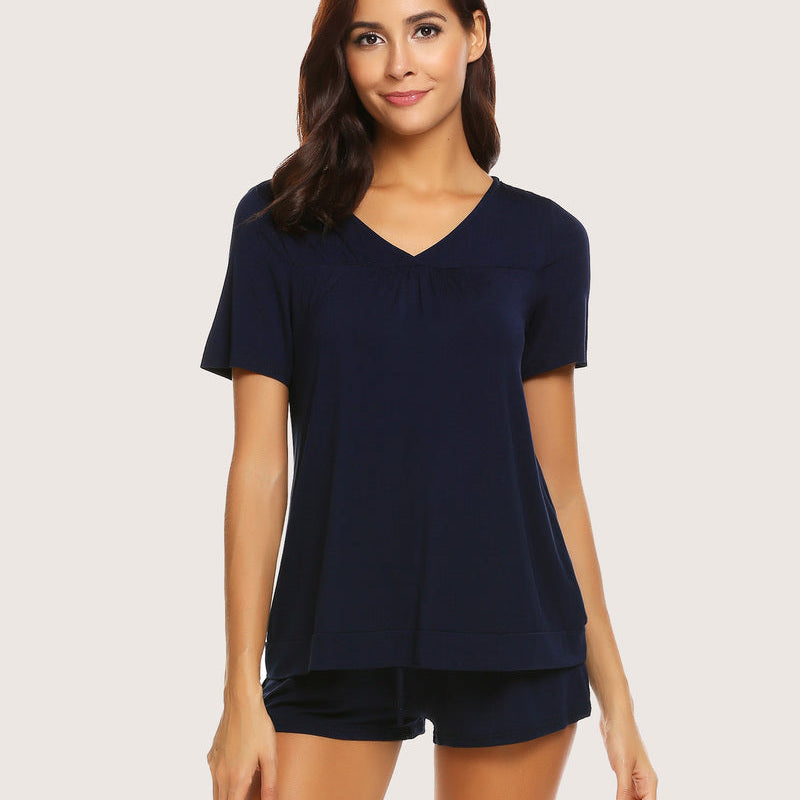 Navy short pajama set. Soft rayon blend women's sleepwear, comfortable, breathable loungewear.