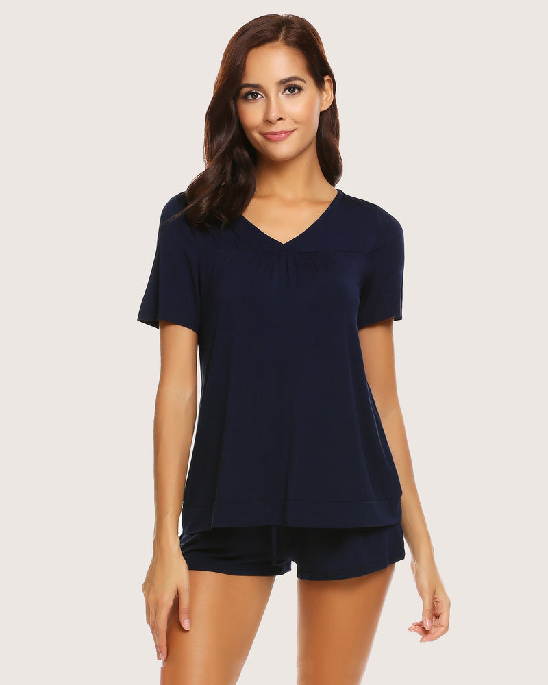 Navy short pajama set. Soft rayon blend women's sleepwear, comfortable, breathable loungewear.
