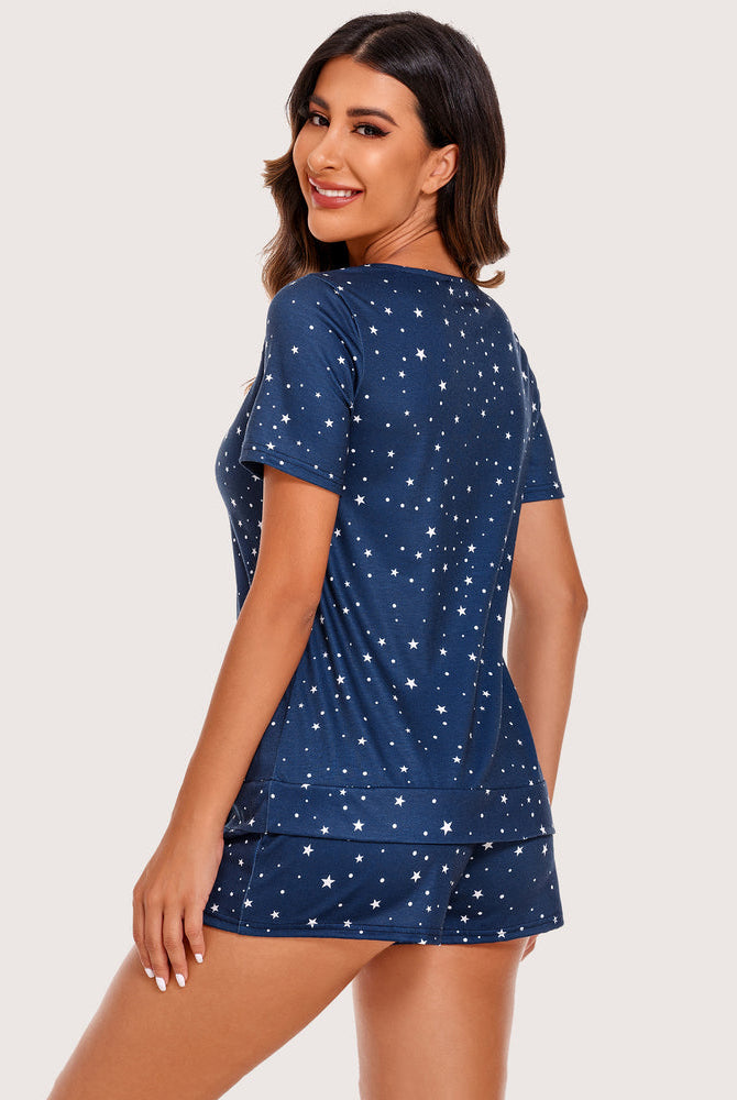 Navy blue shorts pajama set with white star print, comfortable rayon sleepwear for women