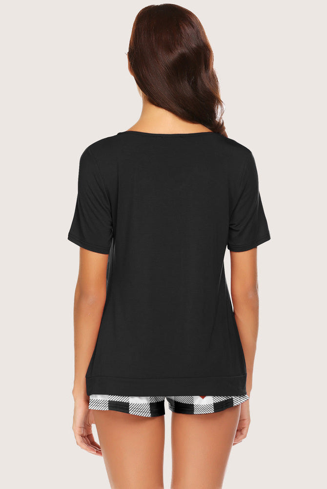 Black V-neck pajama top and plaid shorts pajama set for women, comfy sleepwear