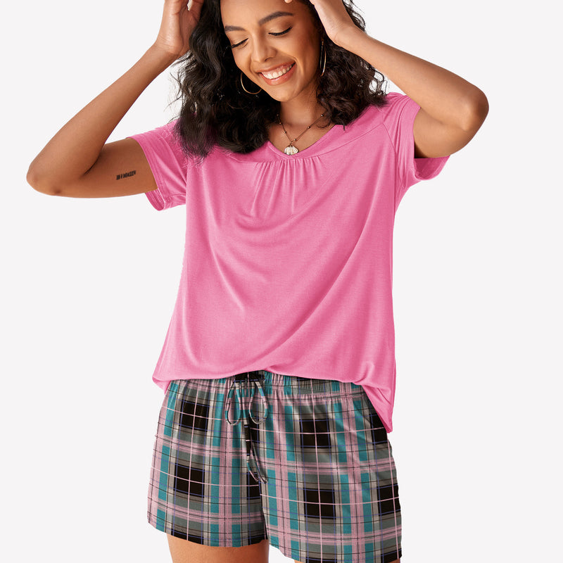 Pink V-neck pajama top and plaid shorts pajama set for women, comfy sleepwear, casual style