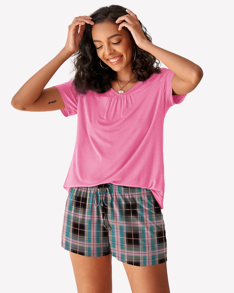 Pink V-neck pajama top and plaid shorts pajama set for women, comfy sleepwear, casual style