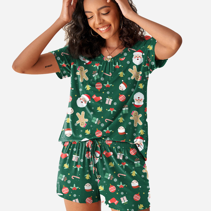 Green Christmas shorts pajama set with festive patterns, perfect for holidays, comfortable and soft.