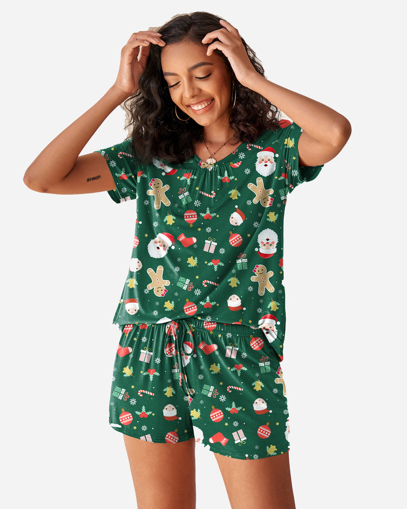 Green Christmas shorts pajama set with festive patterns, perfect for holidays, comfortable and soft.