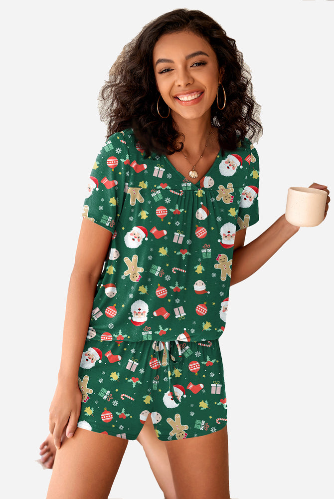 Christmas Shorts Pajama Set in green with festive patterns, comfortable for a cozy night.