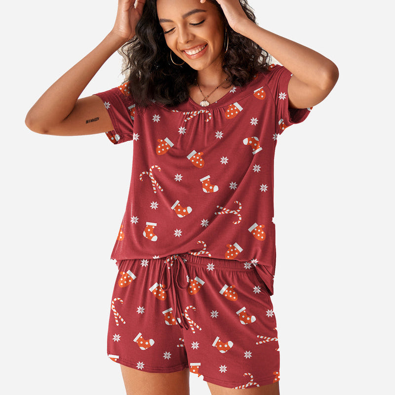 Christmas Short Sleeve Shorts Pajama Set in red with festive print, comfortable sleepwear for women