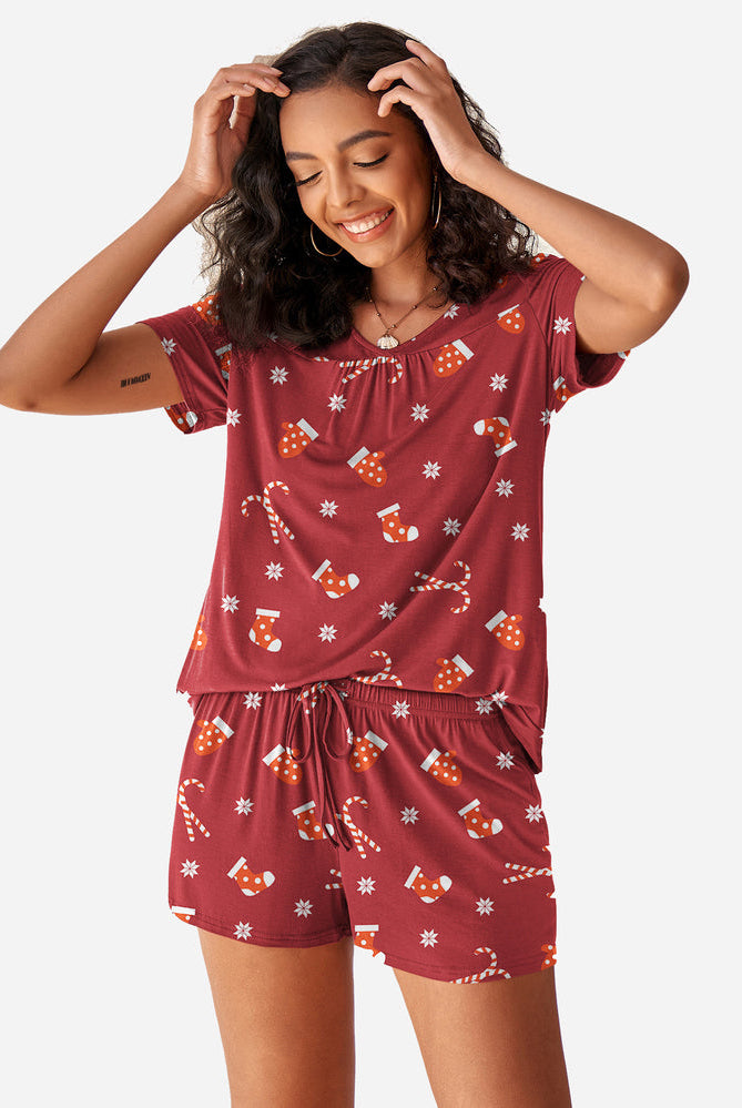 Christmas Short Sleeve Shorts Pajama Set in red with festive print, comfortable sleepwear for women