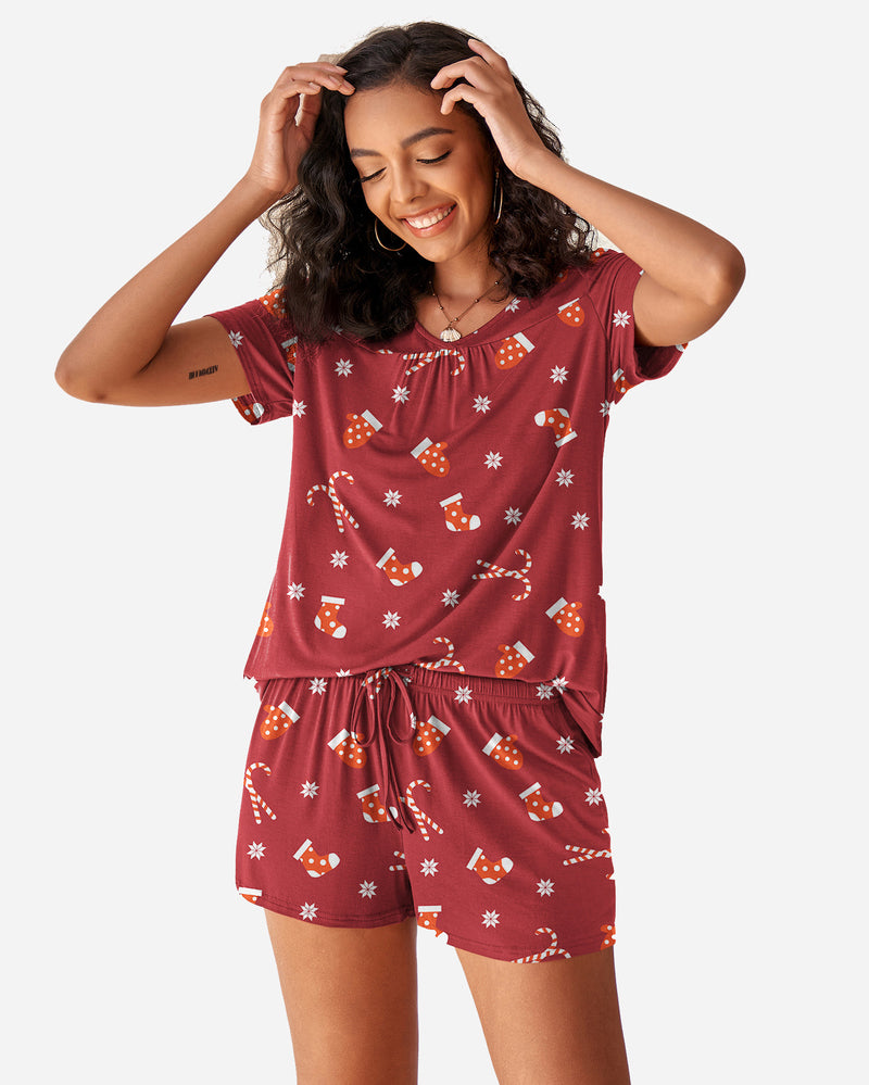 Christmas Short Sleeve Shorts Pajama Set in red with festive print, comfortable sleepwear for women
