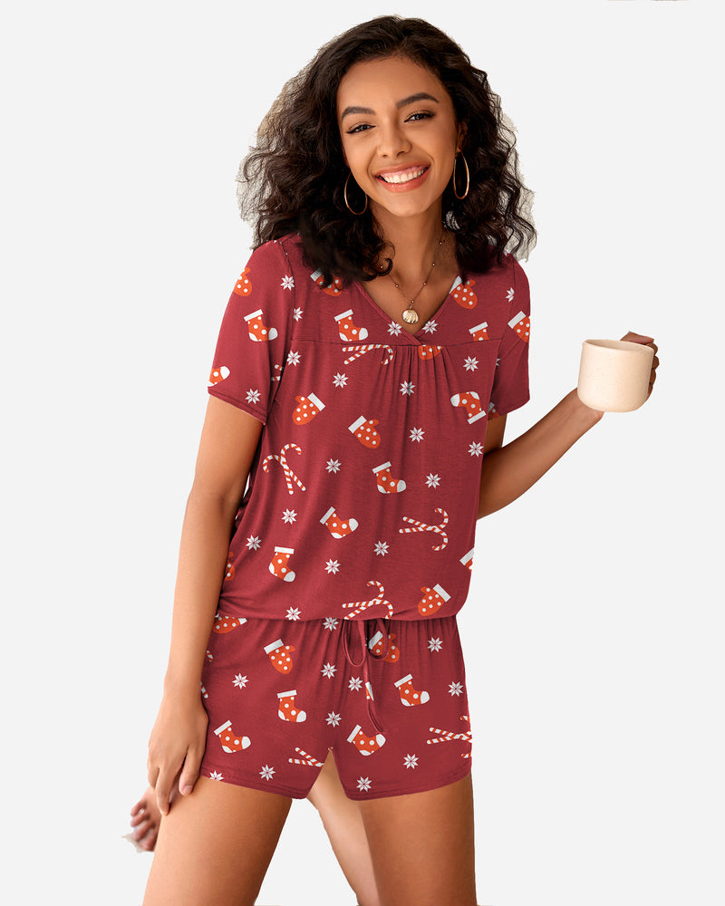 Christmas Shorts Pajama Set in red with festive patterns, comfortable and perfect for the holidays.