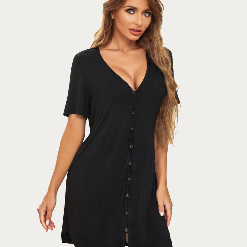 Black V-neck button-down nightshirt, casual pajama dress for women, comfy sleepwear.