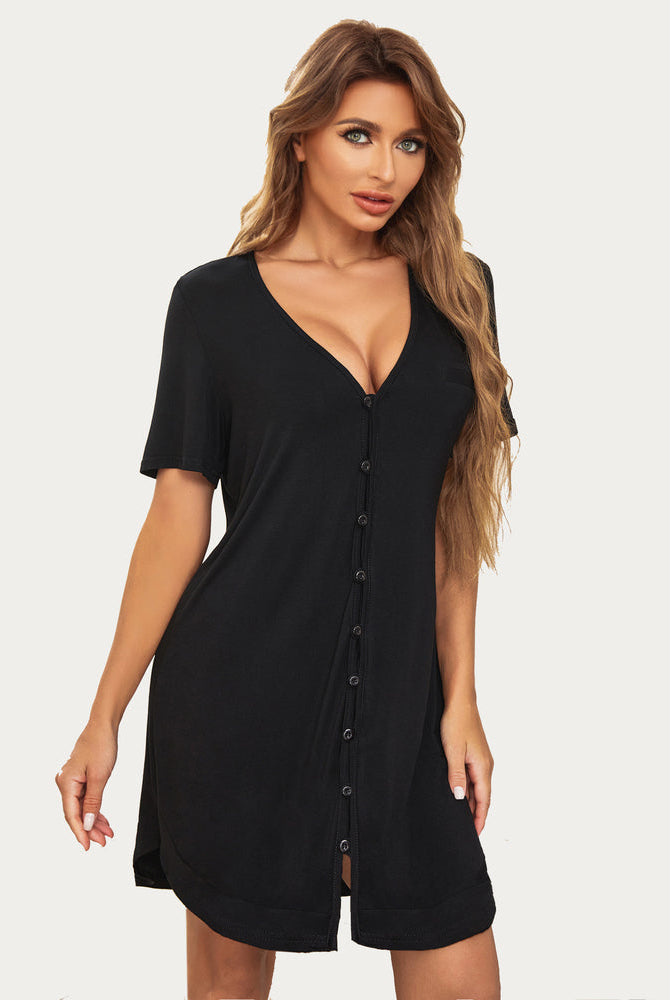 Black short sleeve V-neck boyfriend nightshirt, comfortable sleepwear and maternity dress