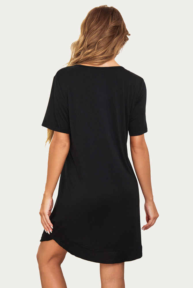 Black V-neck nightshirt, short sleeve pajama dress for women, comfy cotton sleepwear