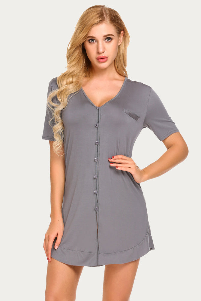 Gray V-neck button-down nightshirt, comfy sleepwear and maternity dress from Avidlove