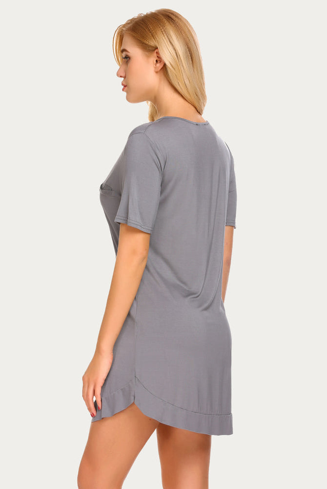 Gray short sleeve V-neck nightshirt, comfy sleepwear and maternity dress made of soft cotton blend