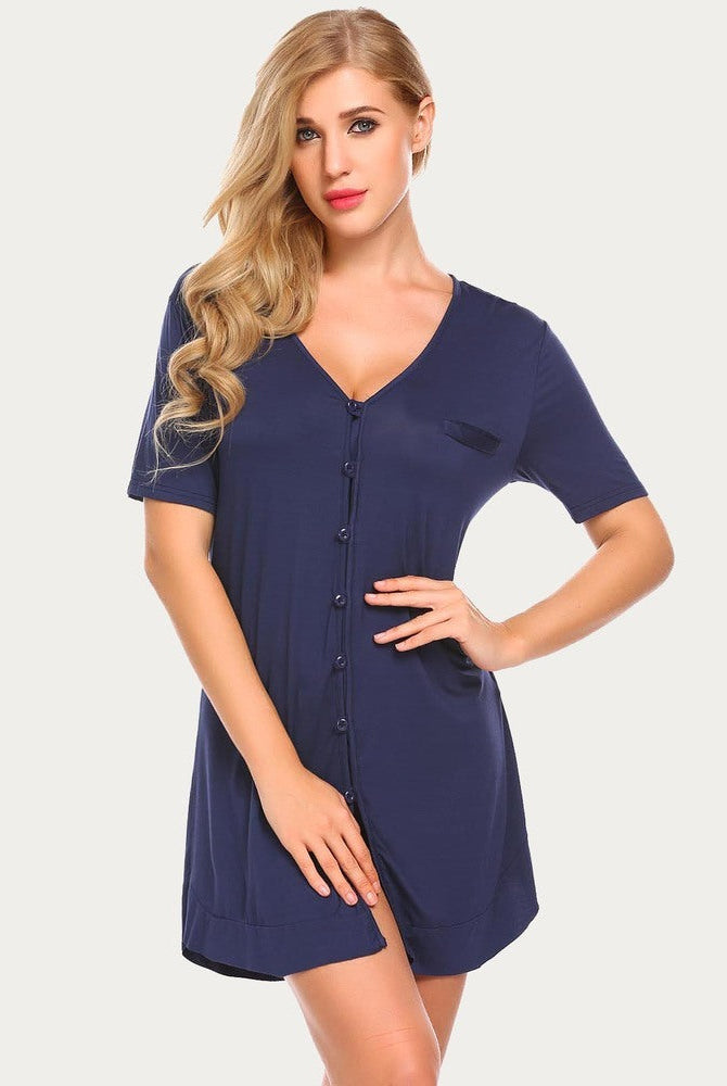 Navy blue V-neck nightshirt, comfy pajama dress for women, casual sleepwear.