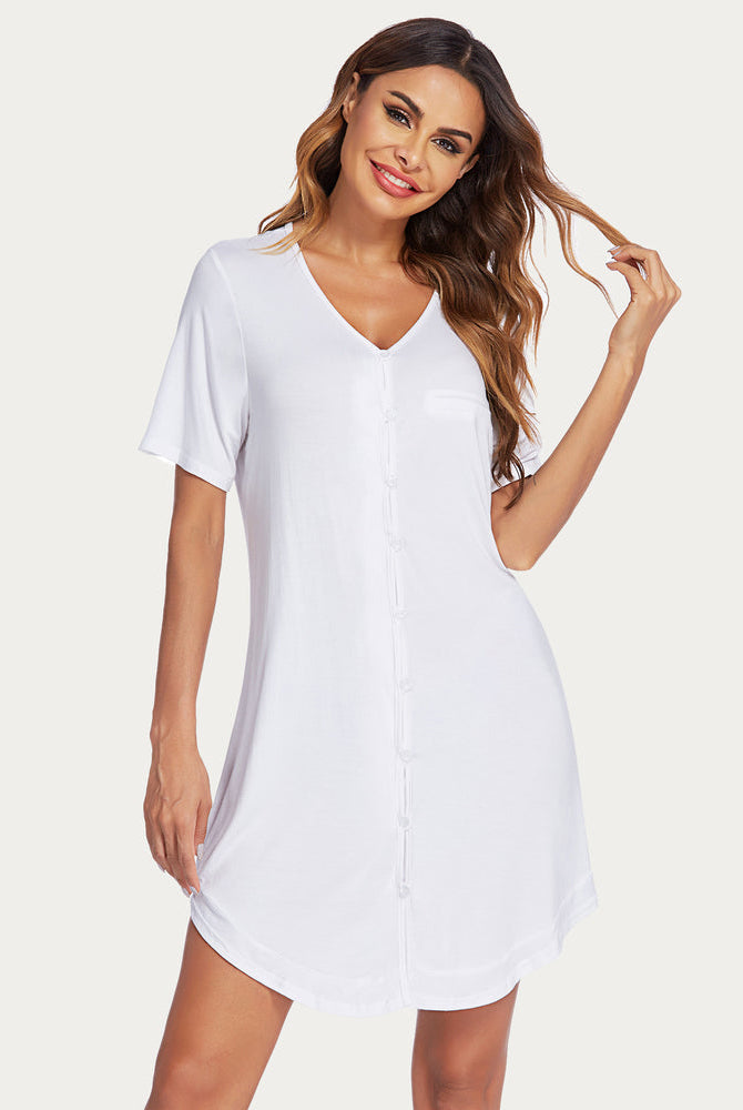 White button-down V-neck nightshirt, short sleeve pajama dress. Comfortable sleepwear for women.