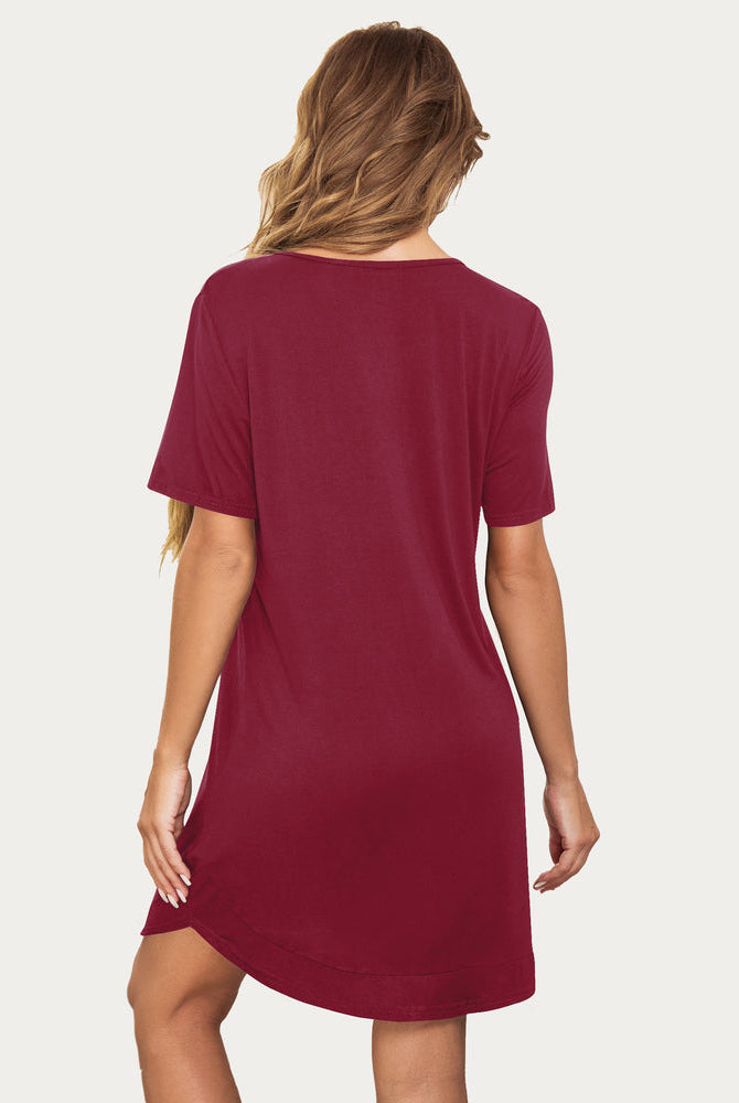 Burgundy V-neck short-sleeve nightshirt. Casual pajama dress for women, comfy sleepwear.