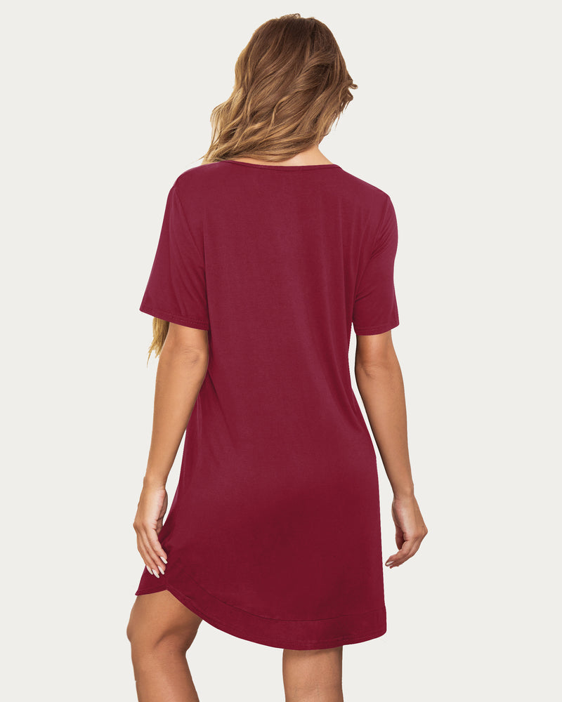 Burgundy short sleeve V-neck nightshirt, comfy sleepwear and maternity dress, cotton blend