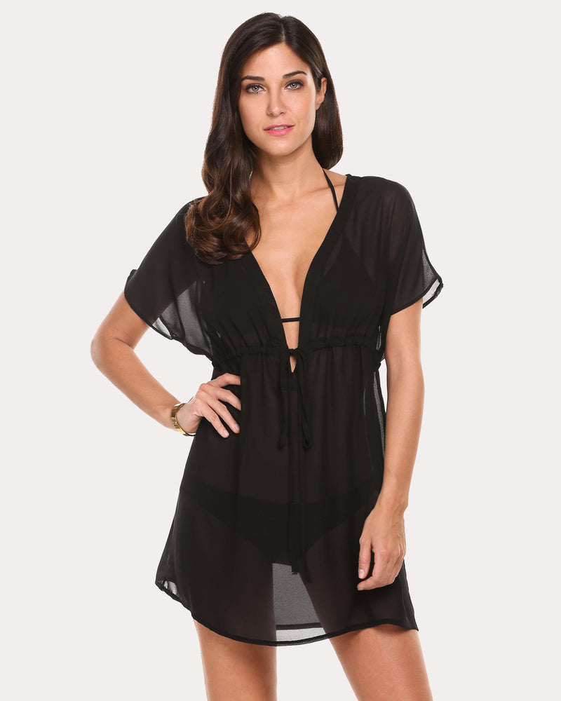 Black chiffon beach coverup with deep V-neck. Lightweight and sexy summer cover-up for women.
