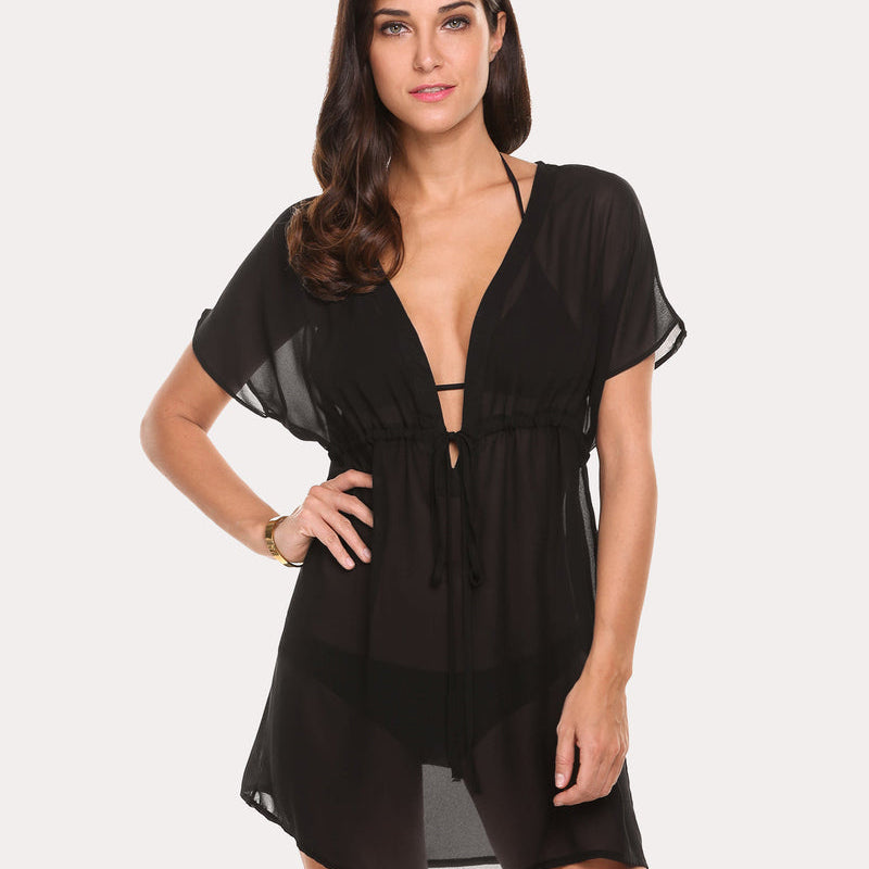 Black chiffon swimsuit cover-up with deep V-neck and drawstring waist. Summer beach essential.