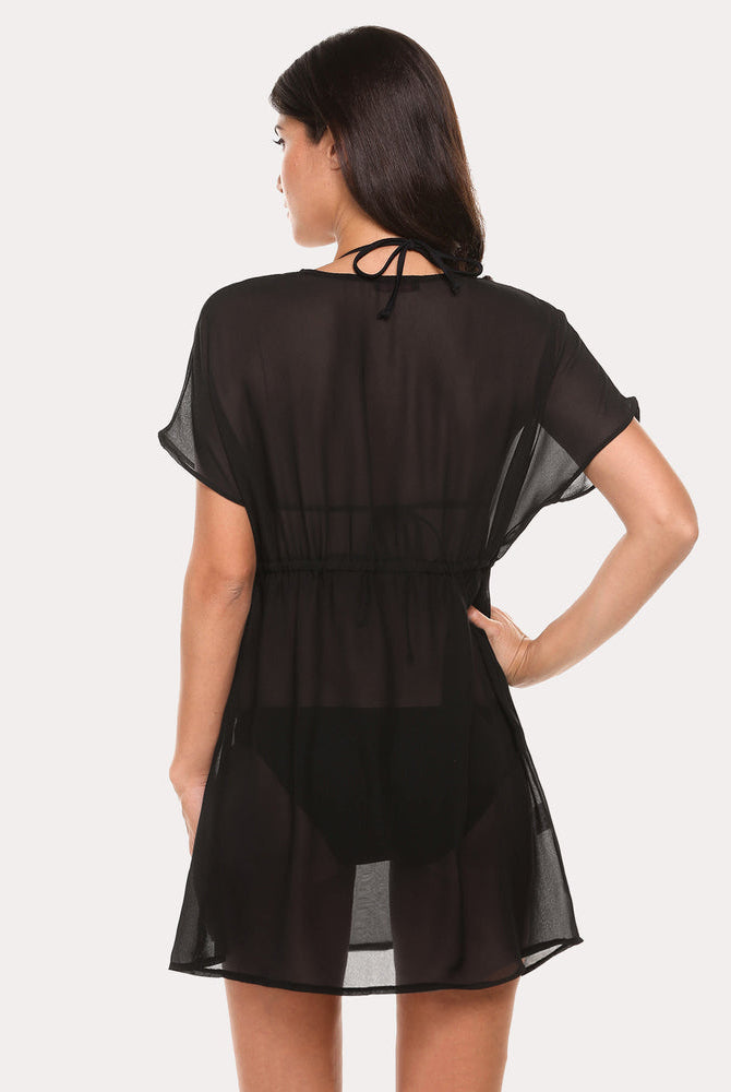 Black chiffon swimsuit cover-up with deep V-neck and drawstring waist. A summer beach essential.