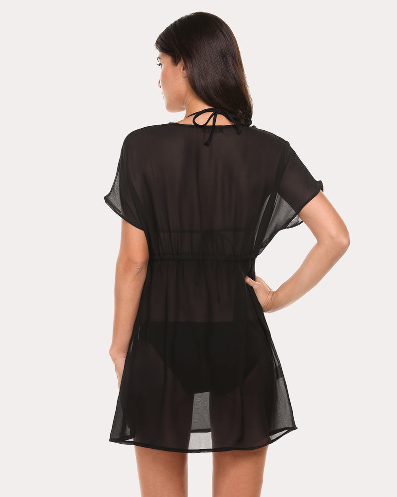 Black chiffon swimsuit cover-up with deep V-neck and drawstring waist. A summer beach essential.
