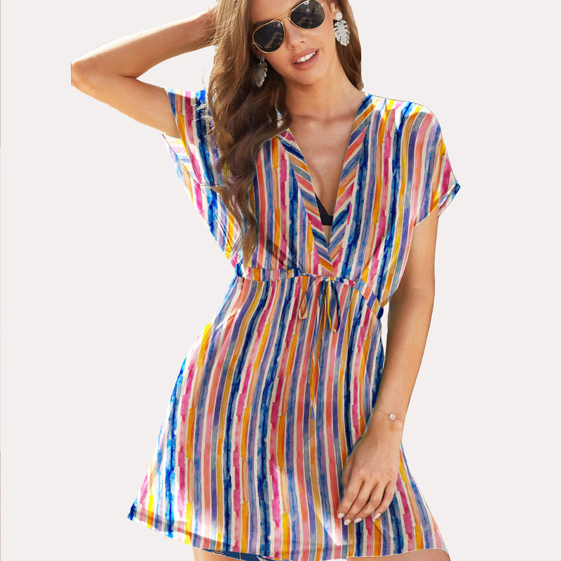 Striped chiffon beach coverup with drawstring waist and V-neck - Summer cover-up