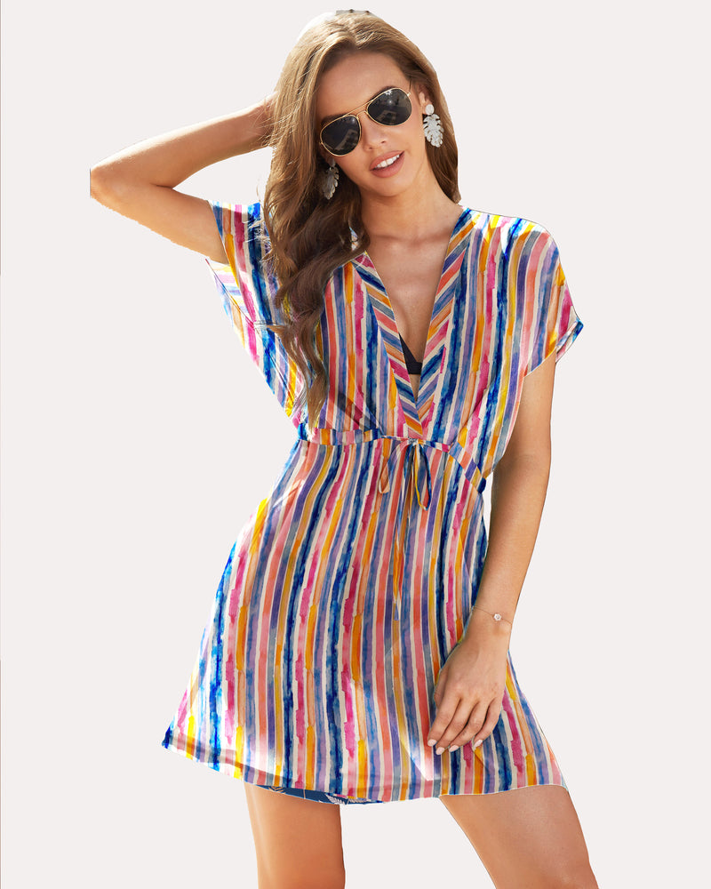 Striped chiffon beach coverup with drawstring waist and V-neck - Summer cover-up