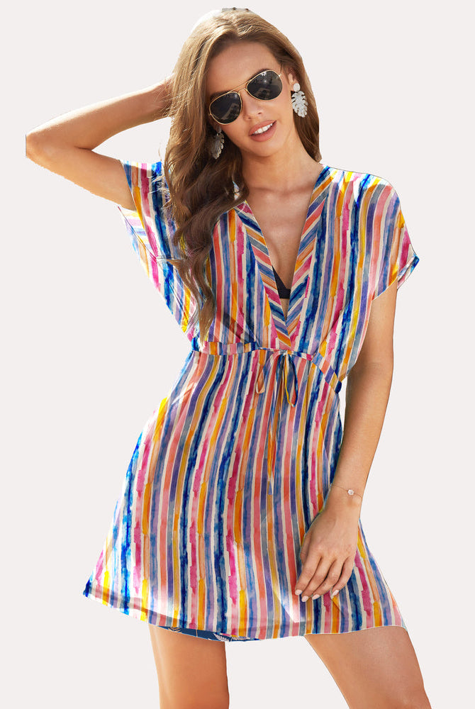 Striped chiffon swimsuit cover-up. Deep V-neck, drawstring waist. Lightweight summer essential.
