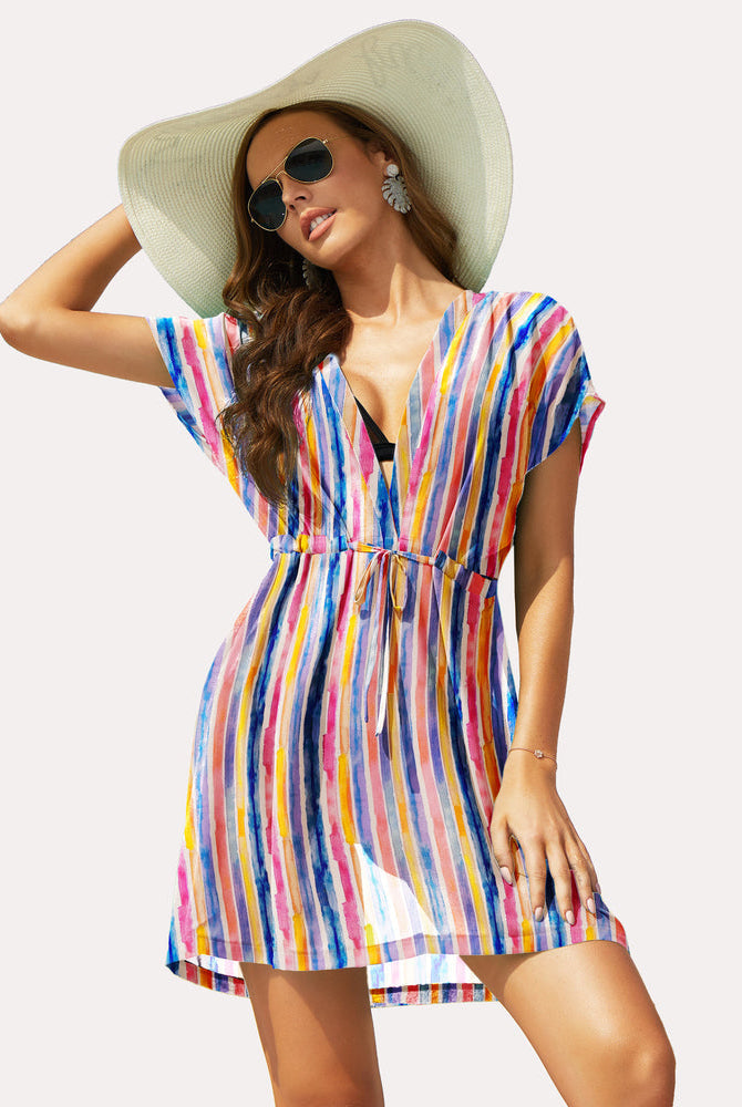 Colorful striped chiffon cover-up, deep V-neck. Summer beach essential for confidence.