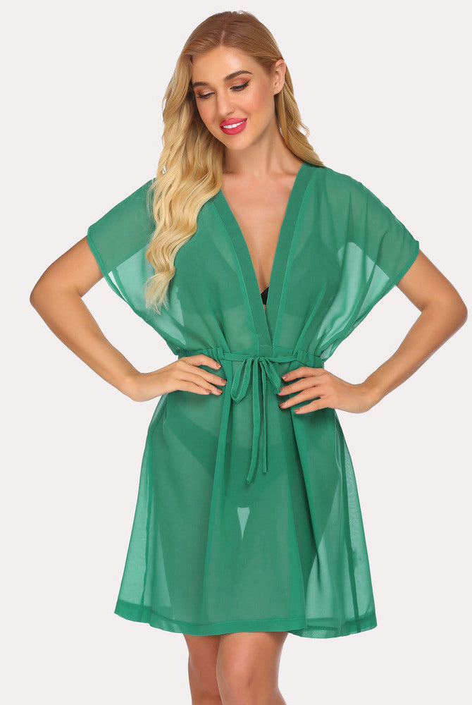 Green Chiffon Kimono Beach Coverup with Drawstring Waist and Deep V-neck. Perfect for Summer.