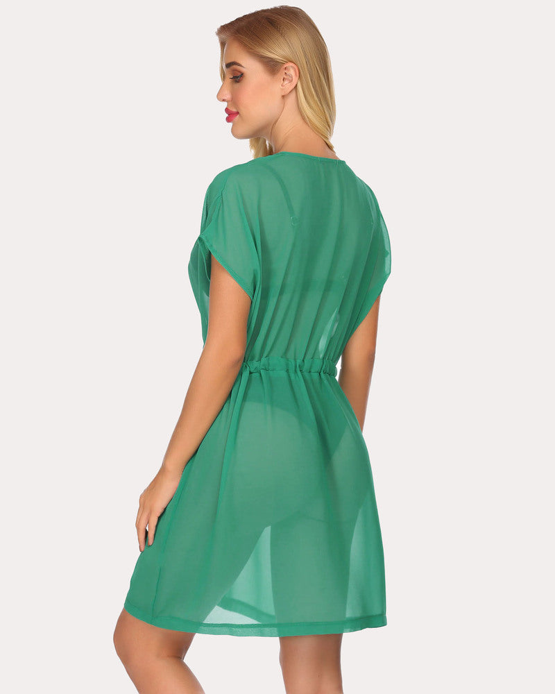 Green Chiffon Beach Coverup with Drawstring Waist and V-neck