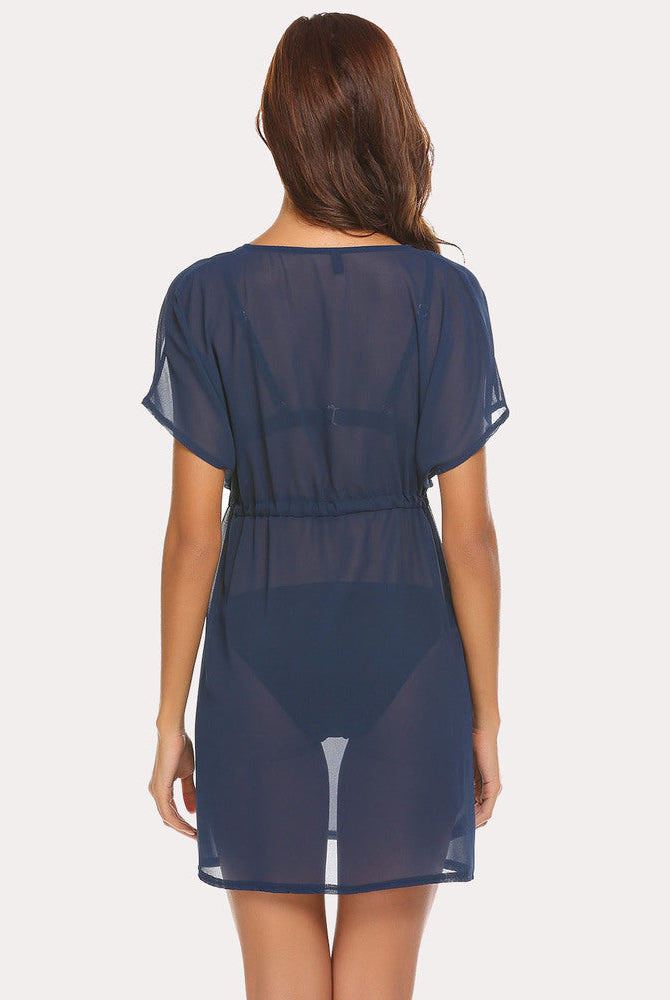 Navy blue chiffon beach coverup with drawstring waist and deep V-neck, perfect for summer.