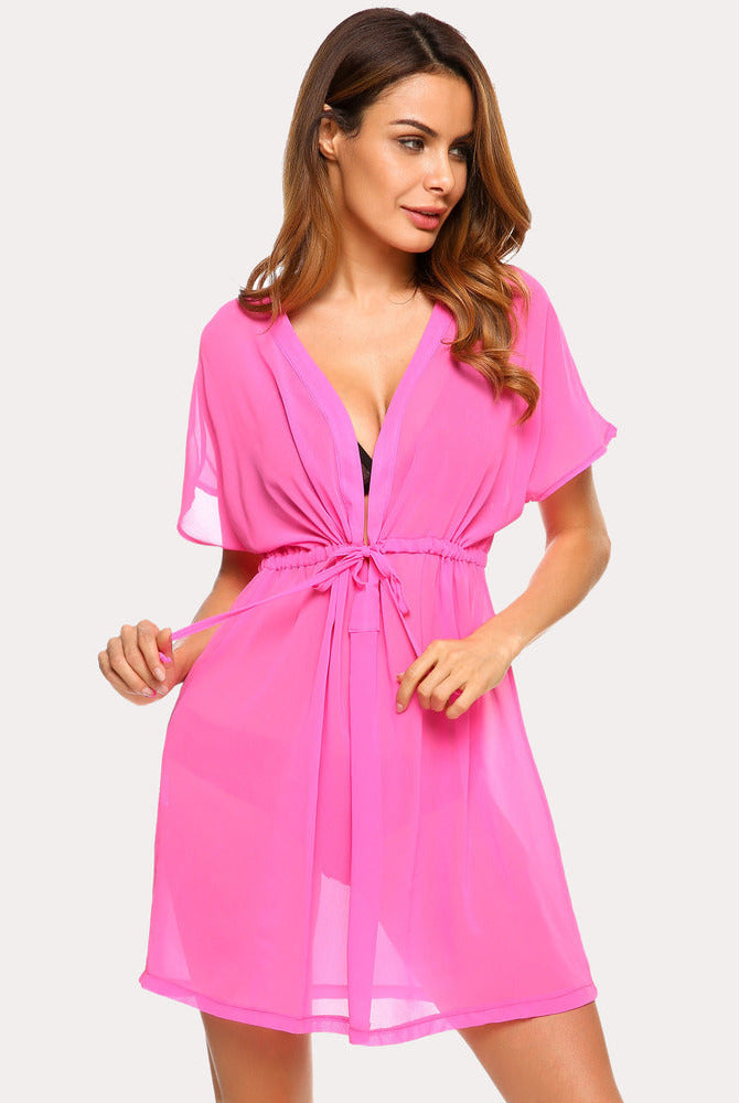 Pink Chiffon Beach Coverup with Deep V-neck and Drawstring Waist - Summer Cover-up