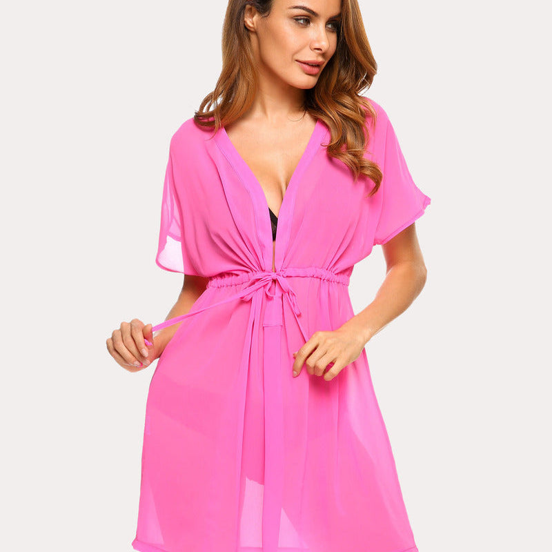 Pink Chiffon Beach Coverup with Deep V-neck and Drawstring Waist - Summer Cover-up