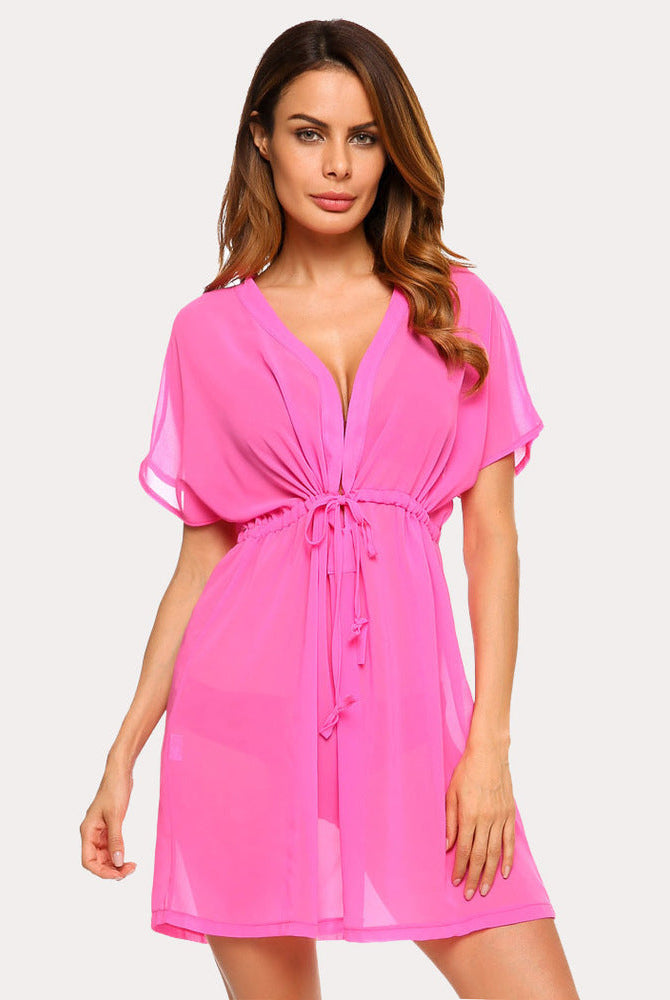 Pink chiffon beach coverup with drawstring waist and deep V-neck - Summer Cover-up by Avidlove